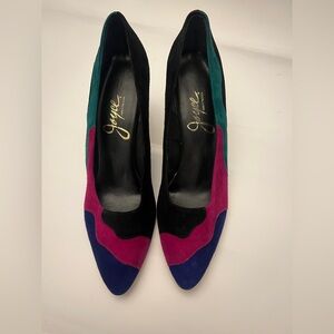 Joyce Vintage Suede Heels purple, fuscha, green, black 1980 size‎ 10.5